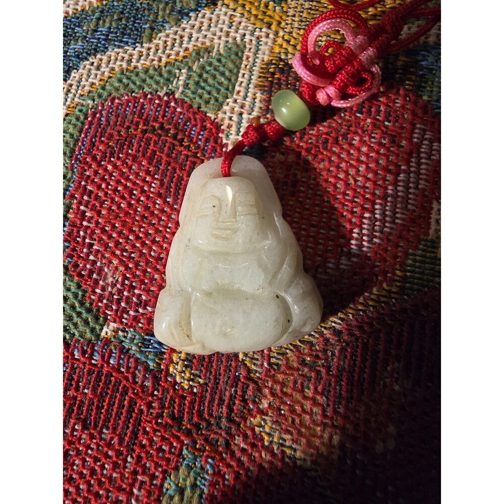 White Jade Sitting Buddha Pendant Hand Carved Jadeite 1 3/8" X 1"